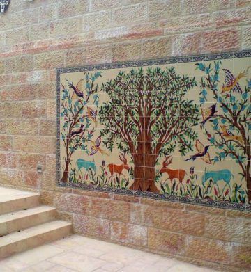 An outdoor custom Tile Mural of the Olive Tree of Jerusalem outdoor tile murals