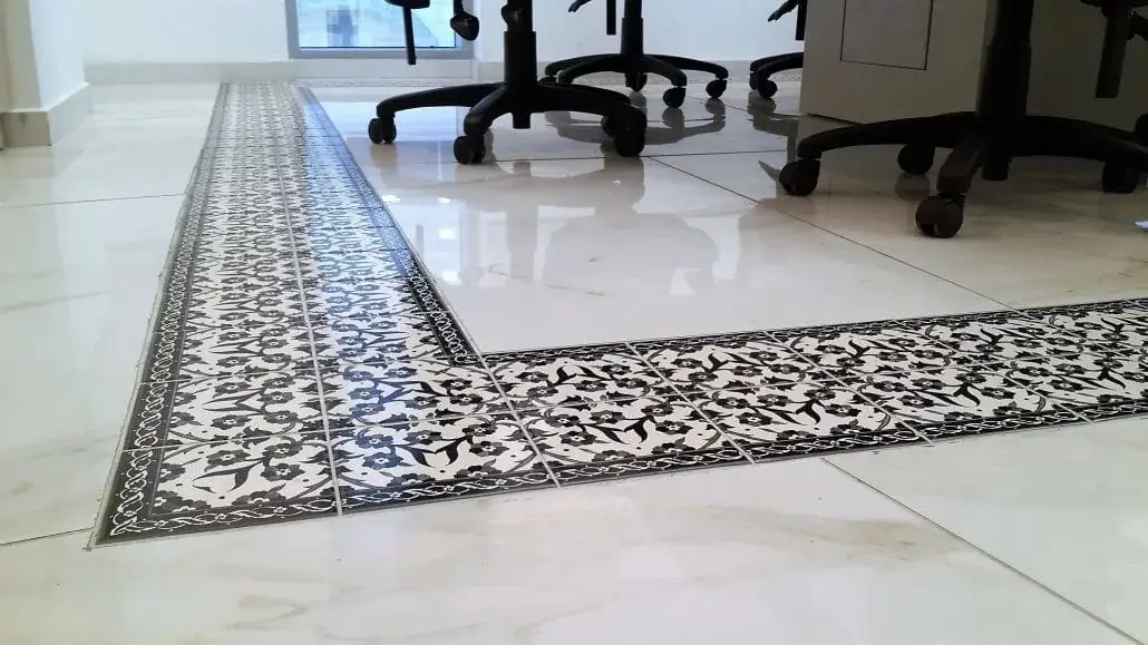 Hand-painted black and white floor tiles