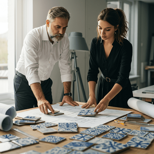 Architect and interior designer choosing our hand painted tiles