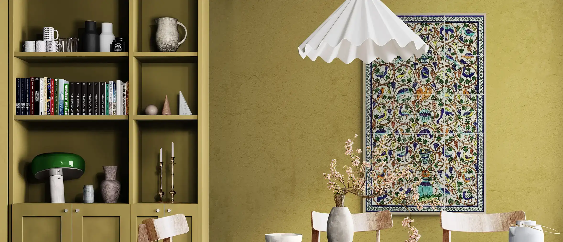 Armenian Ceramics hand painted tile mural in a dining room