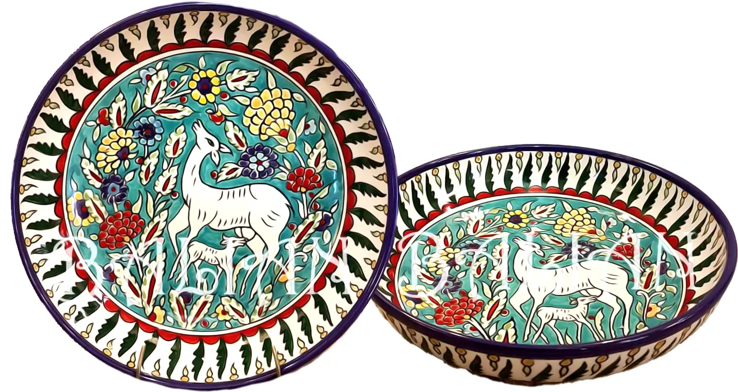 Hand painted fruit and serving bowl with a gazelle.